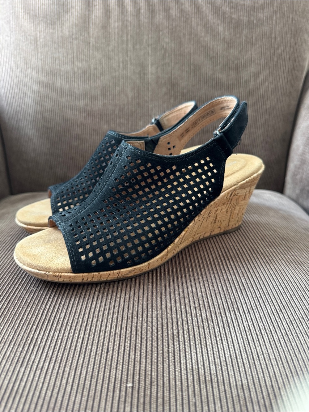 Rockport Briah Black Perforated Slingback Wedge Sandals